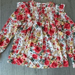 Smocked Ruffle Floral Blouse in Red and Yellow